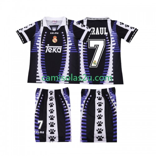 Camisolas de futebol Real Madrid RAUL 7 Retro Criança Equipamento 3ª 1997 1998 Manga Curta Camisolas de futebol Real Madrid RAUL 7 Retro Criança Equipamento 3ª 1997 1998 Manga Curta